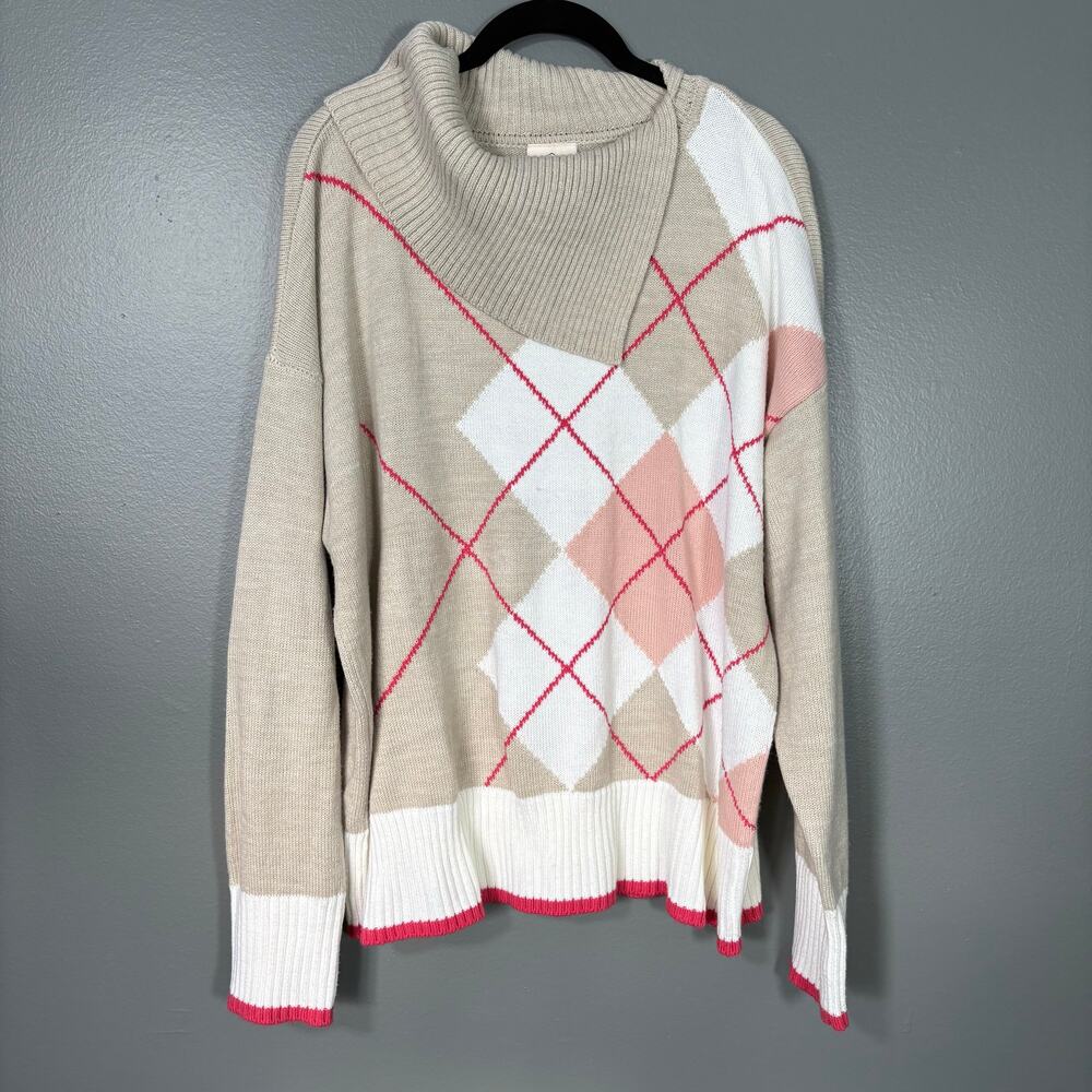 St. John's Bay Women's Preppy Split Turtleneck Argyle Sweater - Size XL - Cozy